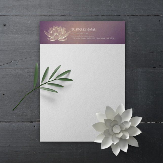 YOGA Meditation Reiki Instructor Purple Gold Lotus Custom Letterhead (Creator Uploaded)