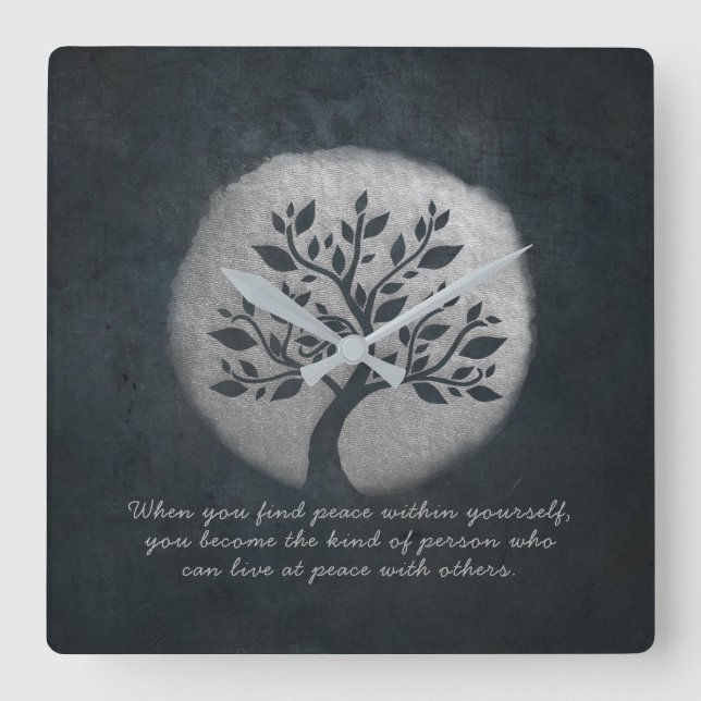 Yoga Meditation Reiki Instructor Silver Tree Quote Square Wall Clock (Front)