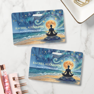 Yoga Meditation Starry Night Sky Moon Ocean Beach ID Badge