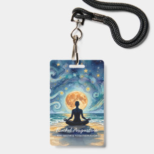Yoga Meditation Starry Night Sky Moon Ocean Beach ID Badge