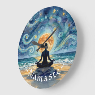 Yoga Meditation Starry Night Sky Moon Ocean Beach Large Clock