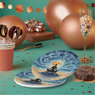Yoga Meditation Starry Night Sky Moon Ocean Beach Paper Plate