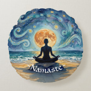Yoga Meditation Starry Night Sky Moon Ocean Beach Round Cushion