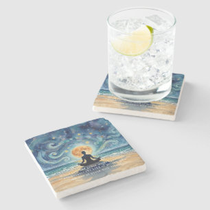 Yoga Meditation Starry Night Sky Moon Ocean Beach Stone Coaster