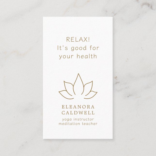 Yoga Meditation Teacher Lotus Logo Gold on White Business Card (Front)