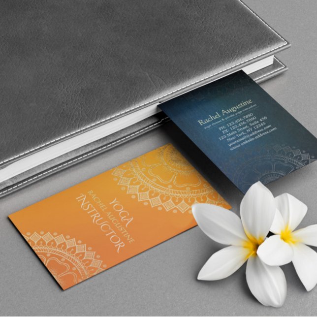 Yoga Meditation Teacher Modern Orange Gold Mandala Business Card (Creator Uploaded)