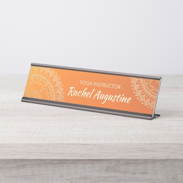 Yoga Meditation Teacher Modern Orange Gold Mandala Desk Name Plate (Front)