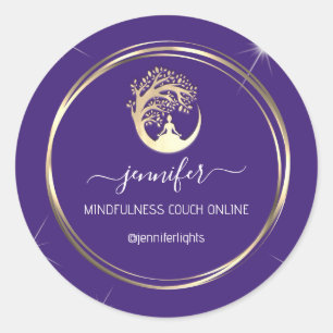 Yoga Mindfulness Therapist Couch Gold Frame Purple Classic Round Sticker
