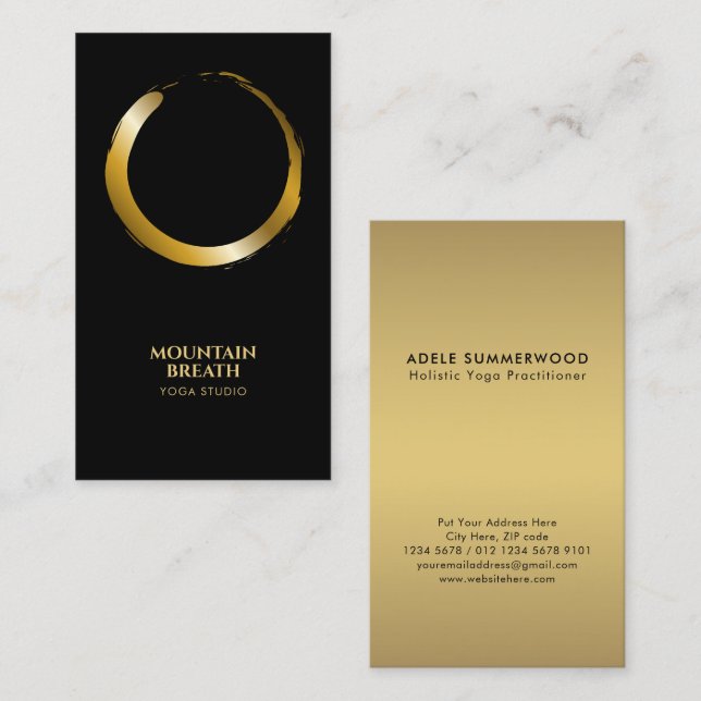 Yoga Minimalist Golden Enso Circle Motif Black Business Card (Front/Back)