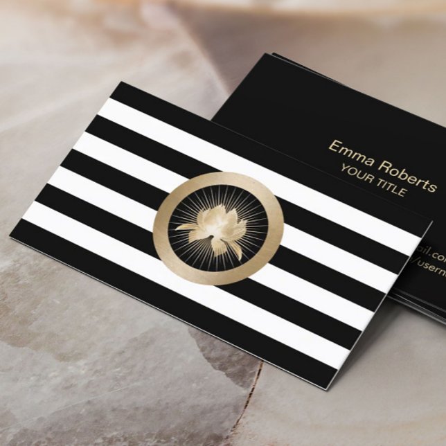 Yoga Modern Gold Lotus Logo Black & White Stripes Business Card (Creator Uploaded)