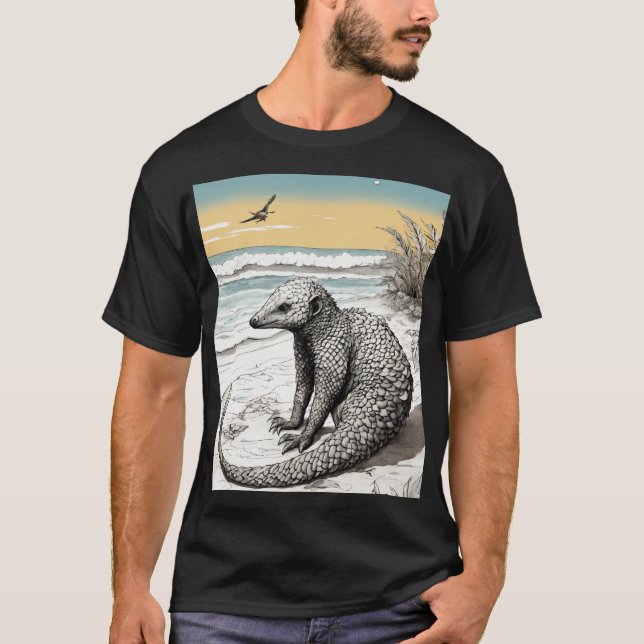 Yoga Pangolin at the Beach: Intricate Ink Illustra T-Shirt (Front)