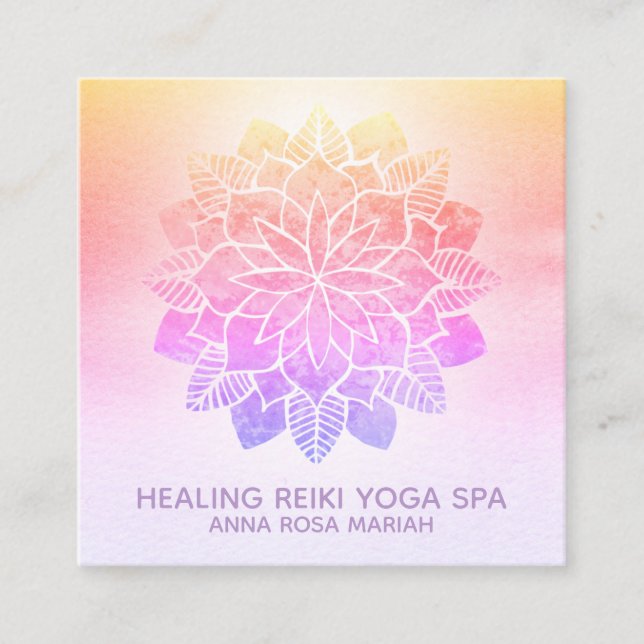 *~* Yoga Pastel Rainbow Spiritual Reiki Mandala Square Business Card (Front)