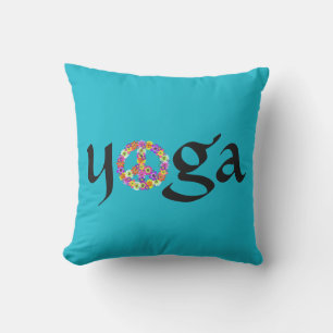 Yoga Peace Sign Floral on Turquoise Cushion