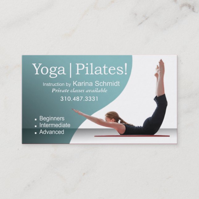 "Yoga | Pilates!" Pilates Instruction, Yoga Class Business Card (Front)