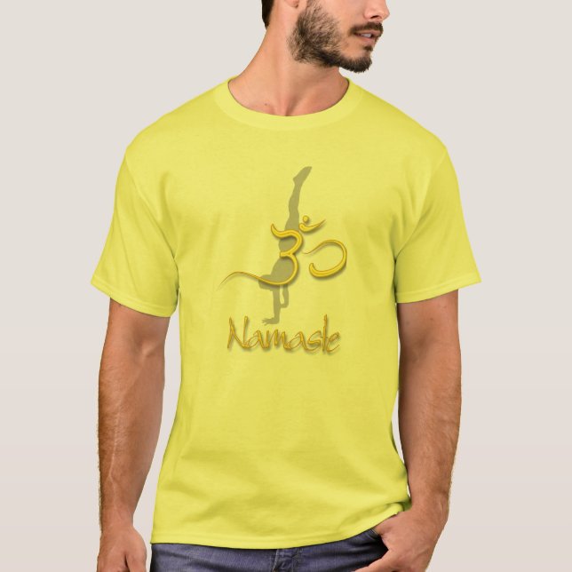 Yoga Pose handstand, om namaste yellow tshirts (Front)