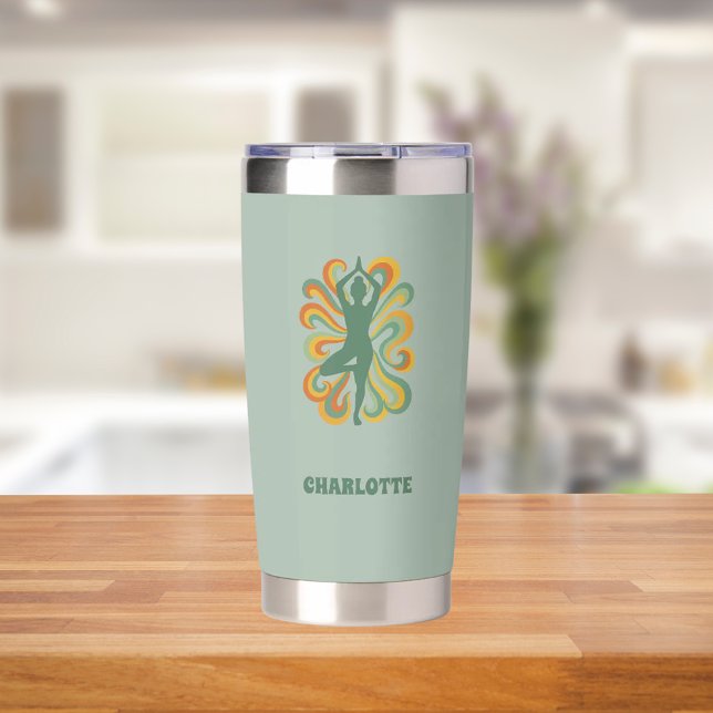Yoga pose retro swirls name sage green insulated tumbler (Creator Uploaded)
