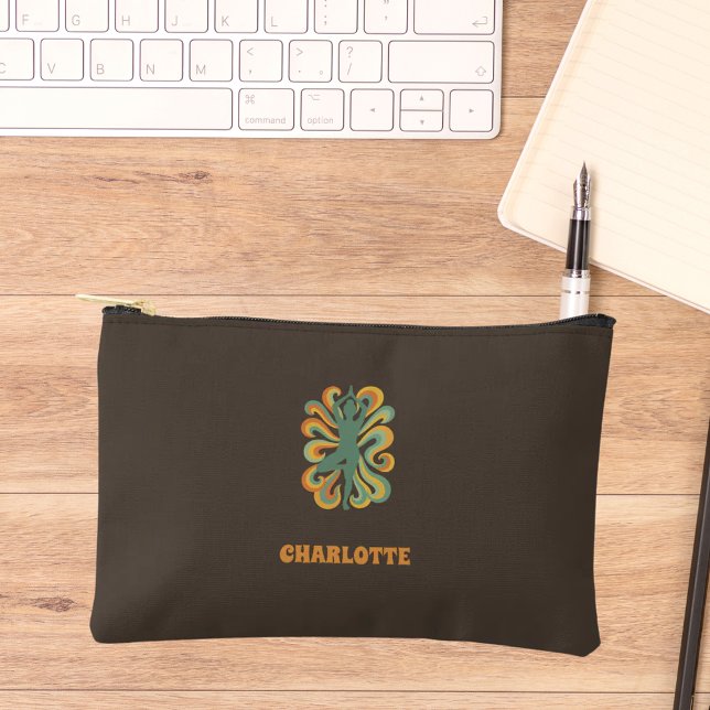 Yoga pose retro swirls name taupe brown accessory pouch (Creator Uploaded)