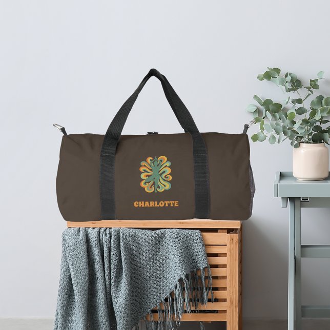 Yoga pose retro swirls name taupe brown duffle bag (Creator Uploaded)