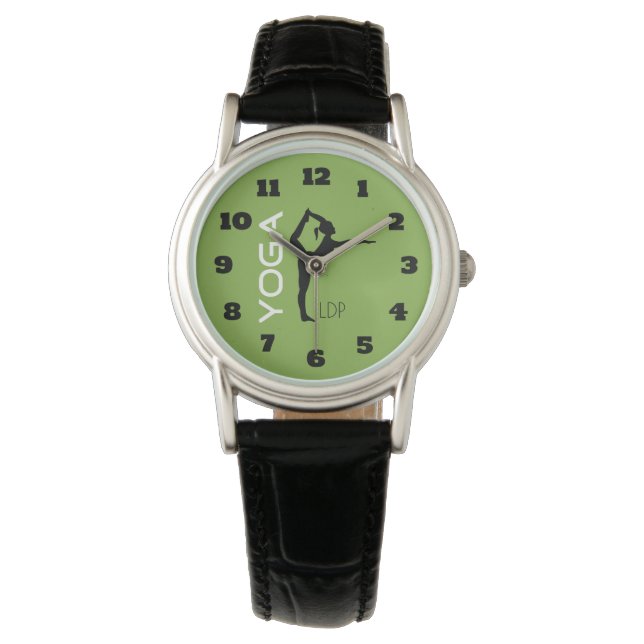 Yoga Pose Silhouette on Green Background Monogram Watch (Front)