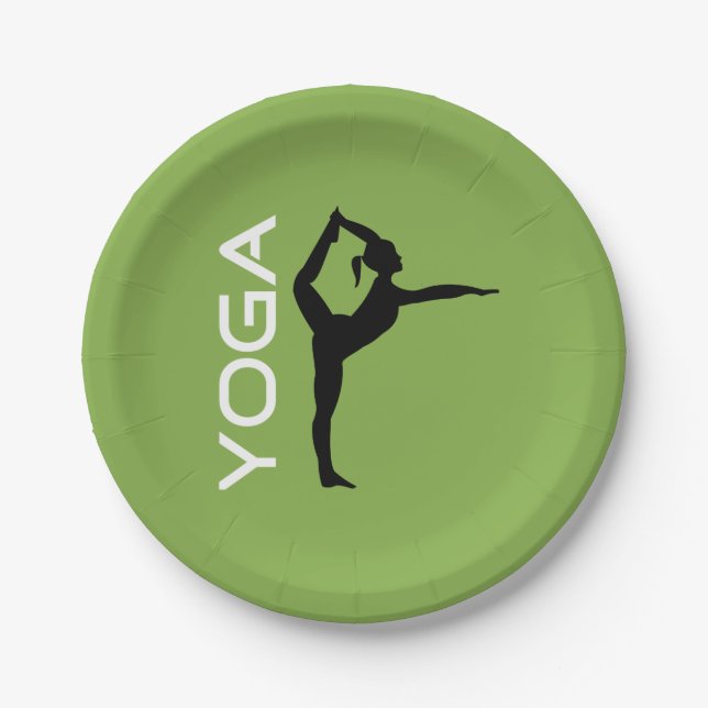 Yoga Pose Silhouette on Green Background Paper Plate (Front)
