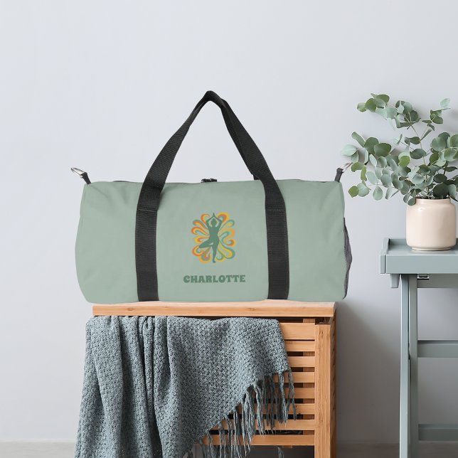 Yoga pose swirls green orange name retro duffle bag (Creator Uploaded)