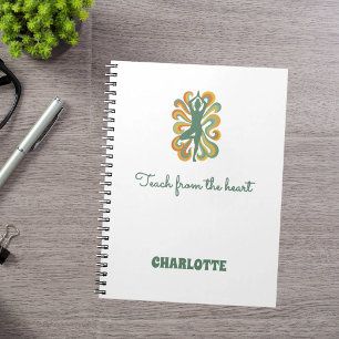 Yoga pose swirls green orange name slogan retro notebook