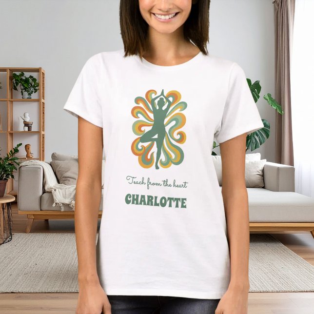 Yoga pose swirls retro green orange name slogan T-Shirt (Creator Uploaded)