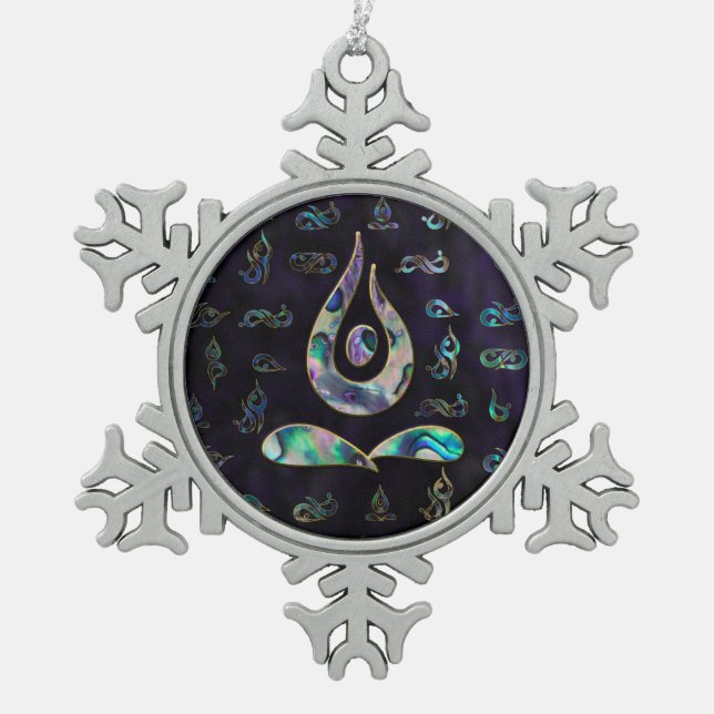 Yoga Pose Symbol Golden Purple Abalone pattern Snowflake Pewter Christmas Ornament (Front)