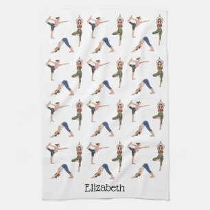 Yoga Poses Colourful Workout Pattern With Name Tea Towel