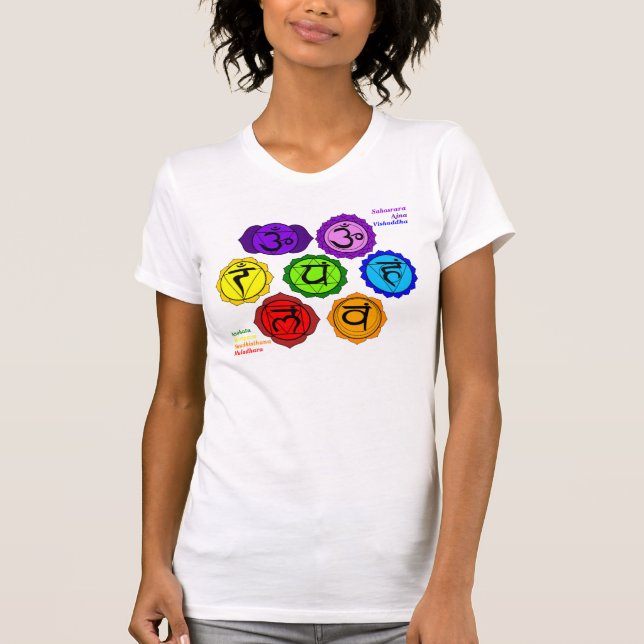 YOGA REIKI SEVEN CHAKRAS SYMBOLS LABELED T-SHIRT. T-Shirt (Front)