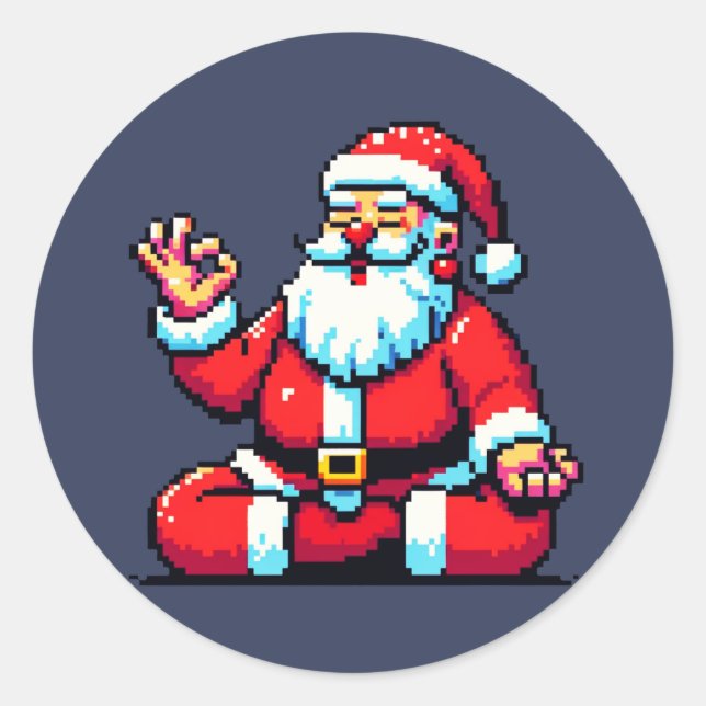 Yoga Santa 8Bit Holiday Fitness Humorous Pixel Art Classic Round Sticker (Front)
