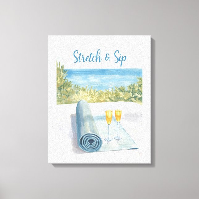 Yoga Stretch and Sip with ocean background Canvas Print (Front)