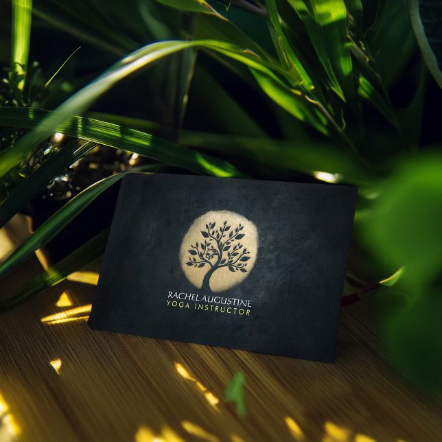 Yoga Studio Meditation Instructor Black Gold Tree Business Card (Creator Uploaded)