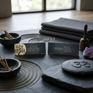 Yoga Studio Meditation Instructor Black Gold Tree Mini Business Card