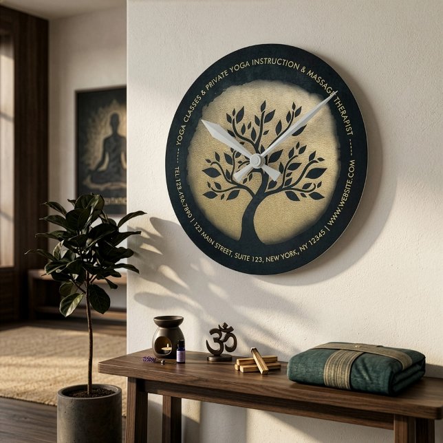 Yoga Studio Meditation Instructor Black Gold Tree Round Clock (Creator Uploaded)