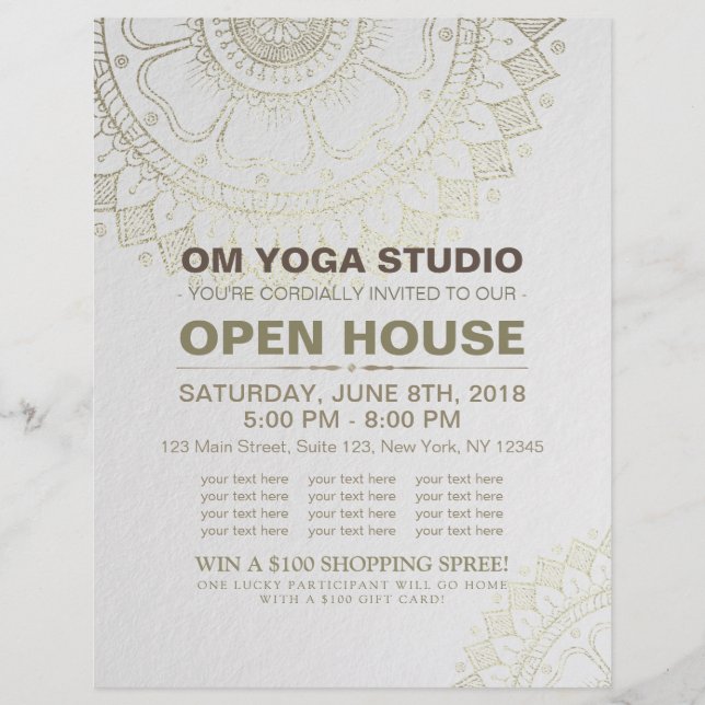 YOGA Studio Open House Gold Foil Mandala Flowers Flyer (Front)