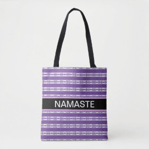 Yoga stylish white striped pattern on violet tote bag