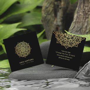  Yoga Teacher Black & Gold Mandala Square Business Card
