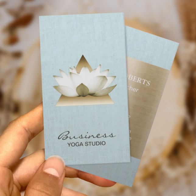 Yoga Teacher Gold Lotus Logo Light Blue Linen Business Card (Creator Uploaded)