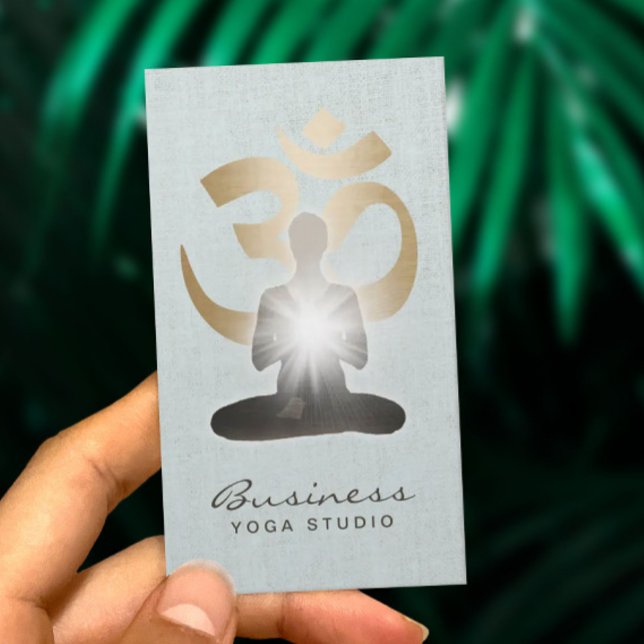 Yoga Teacher Gold Om Symbol Stylish Faux Linen Business Card (Creator Uploaded)