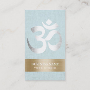 Yoga Teacher Silver Om Sign Light Blue Linen Business Card