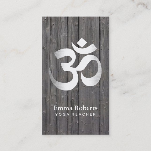Yoga Teacher Silver Om symbol Classy Wood Business Card (Front)