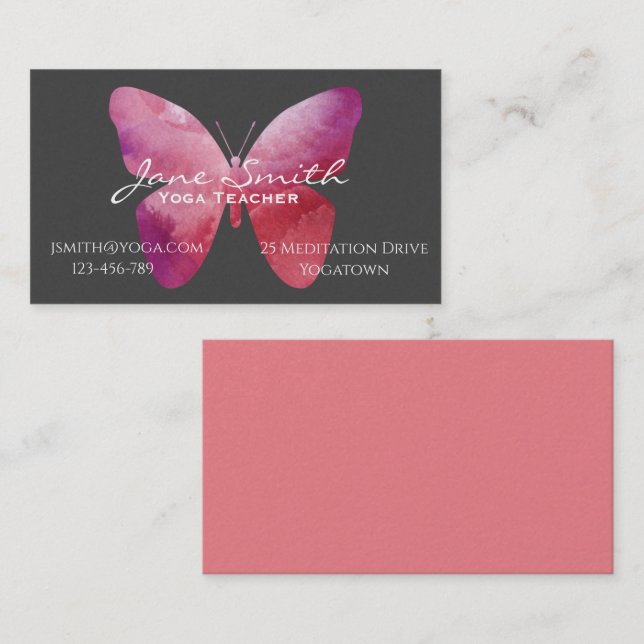 Yoga Teacher Yoga Instructor pink butterfly Business Card (Front/Back)