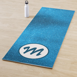 Yoga Teal Blue Glitter Girly Monogram Gold Glitter Mat