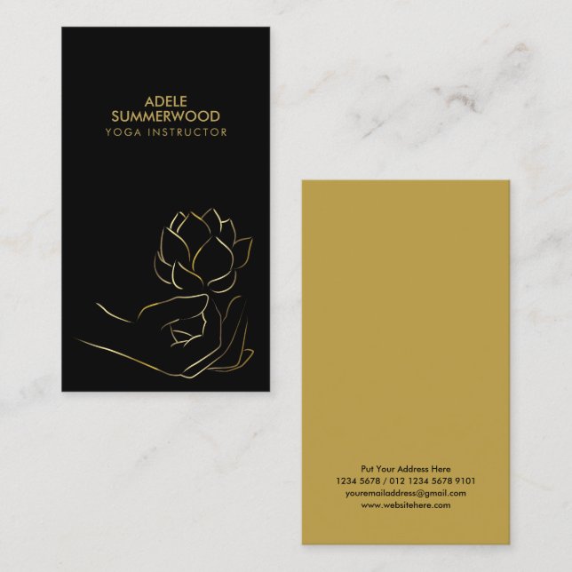 Yoga Theme | Gold Line Hand & Lotus Flower Black Business Card (Front/Back)