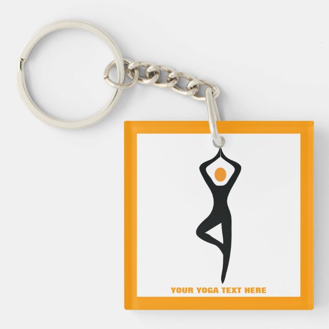 Yoga tree pose black, orange custom key ring (Front)