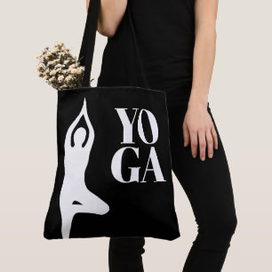 Yoga tree pose silhouette black tote bag