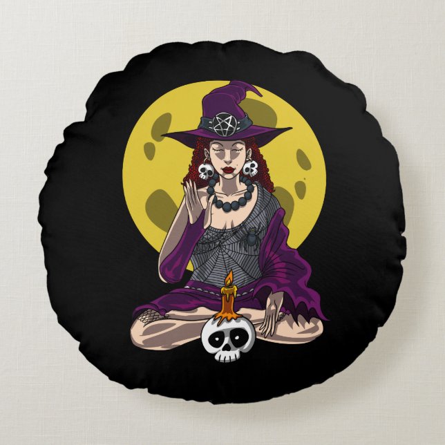 Yoga Witch Zen Meditation Namaste Halloween Round Cushion (Front)