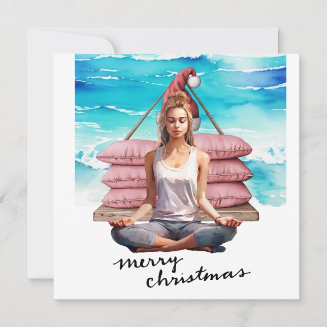 Yoga Woman  at Beach Christmas themed Holiday Card (Front)