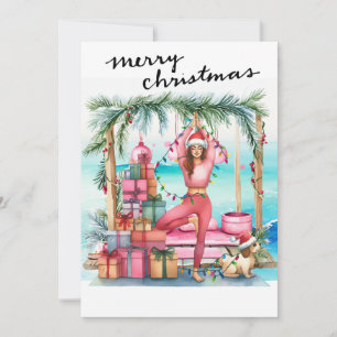 Yoga Woman with Gift at Beach Christmas themed Holiday Card